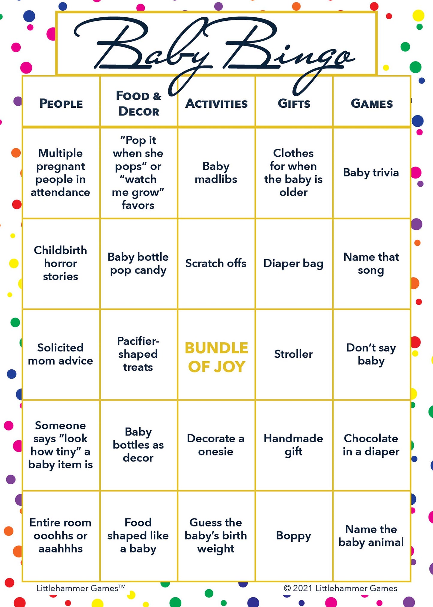 Baby Bingo game card on a rainbow polka dot background