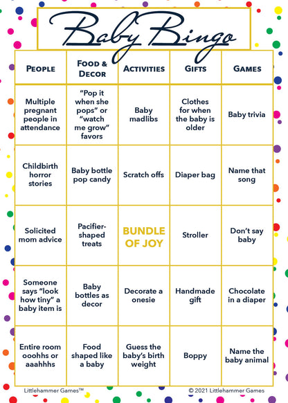 Baby Bingo game card on a rainbow polka dot background
