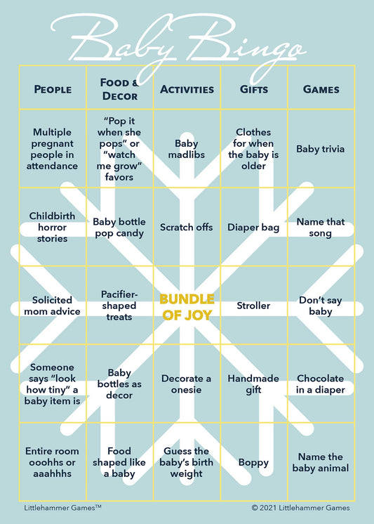Baby Bingo game card with a big snowflake on a light blue background