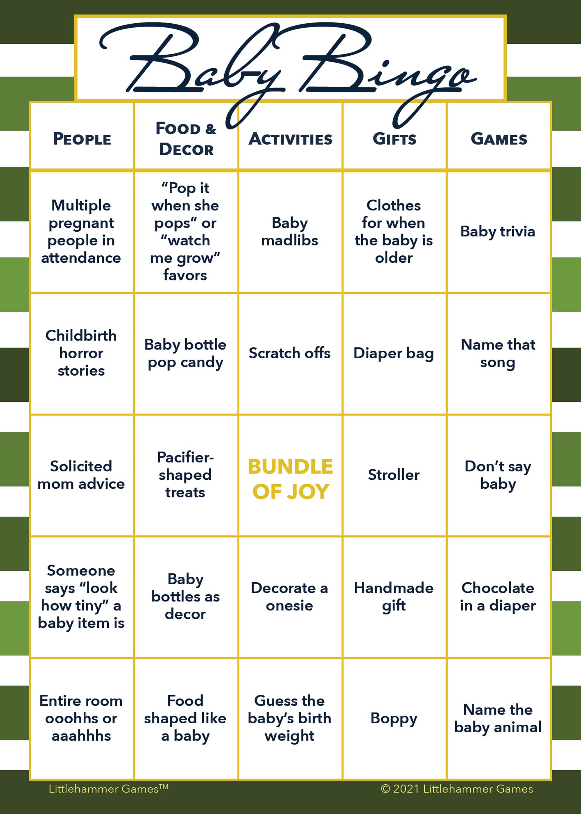 Baby Bingo game card on a green-striped background