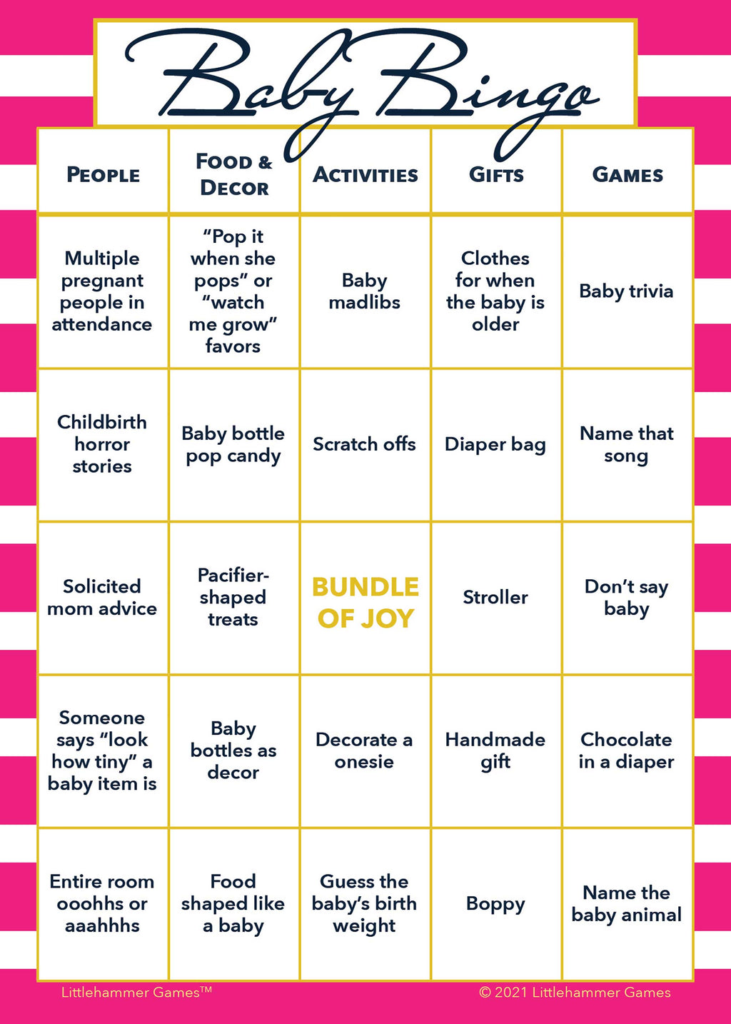 Baby Bingo game card on a pink-striped background