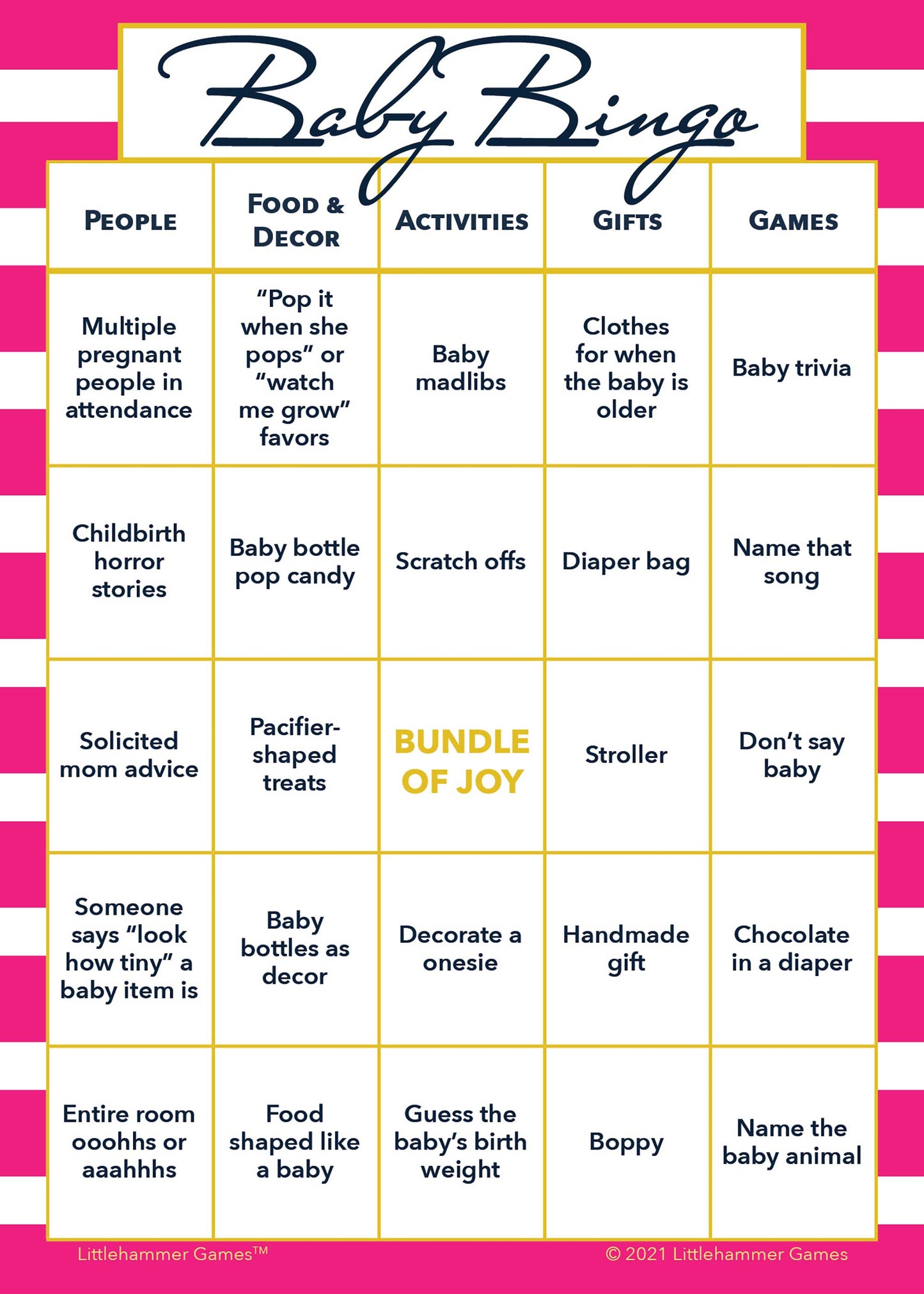 Baby Bingo game card on a pink-striped background