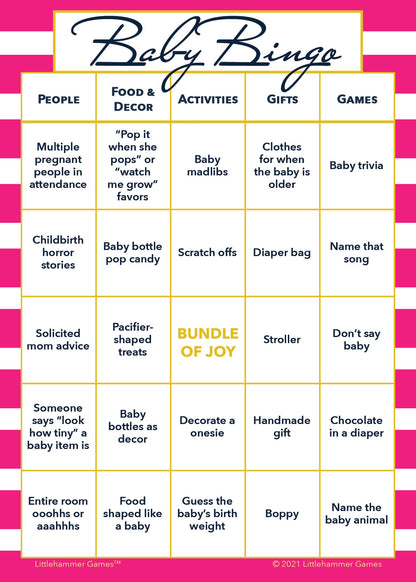 Baby Bingo game card on a pink-striped background