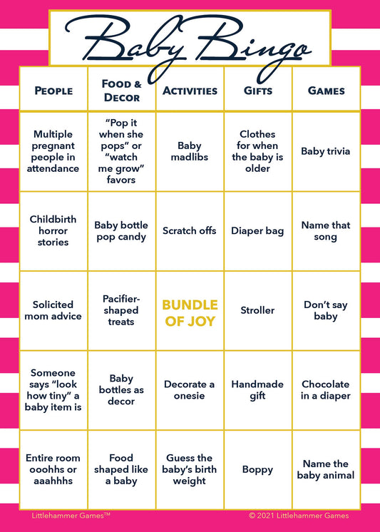 Baby Bingo game card on a pink-striped background