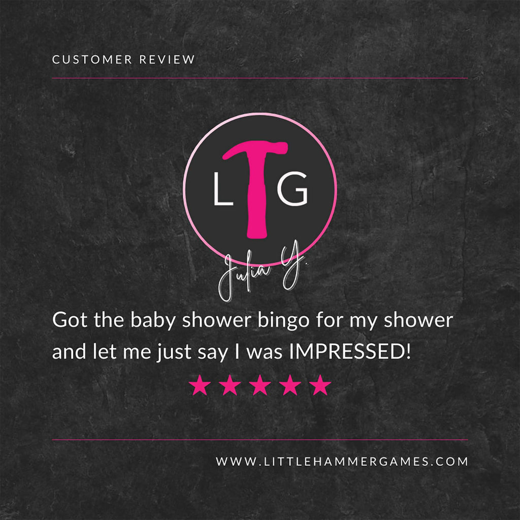 White and pink text on a slate background with a 5-star review that says "Got the baby shower bingo for my shower and let me just say I was impressed!"