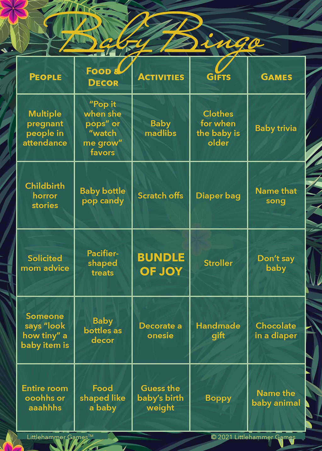 Baby Bingo game card with gold text on a tropical leaves background