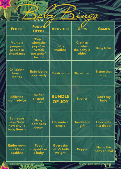 Baby Bingo game card with gold text on a tropical leaves background